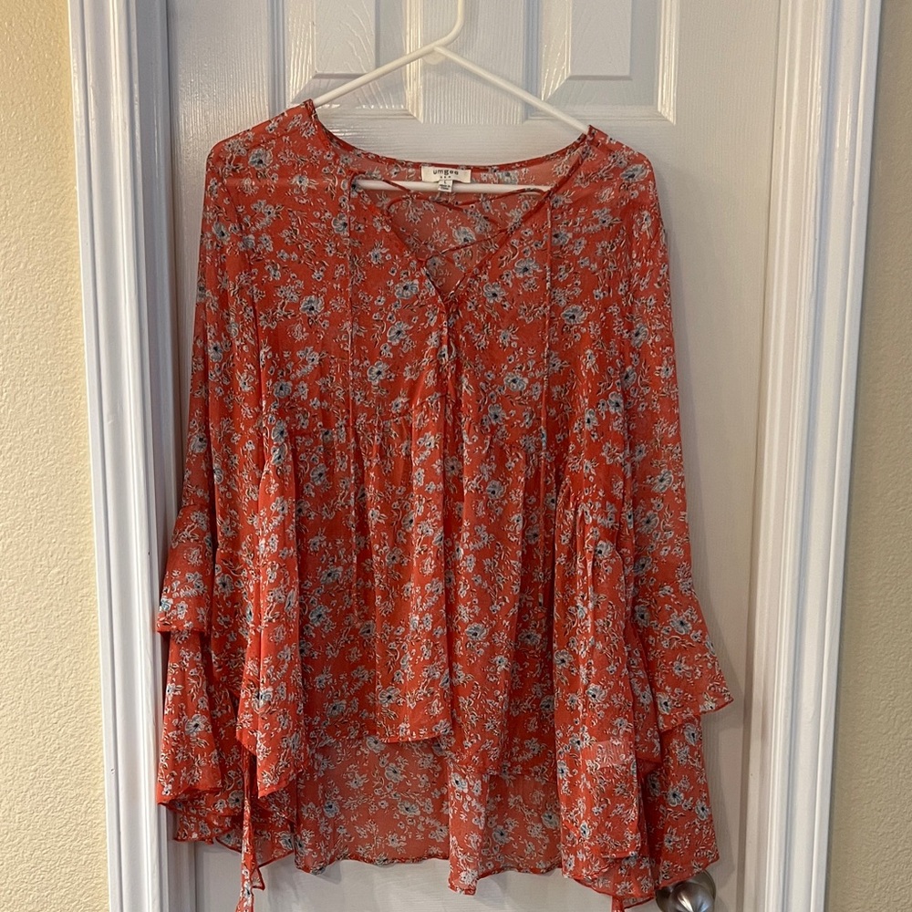 Umgee Coral-Red Floral Tie-Neck Peasant Blouse